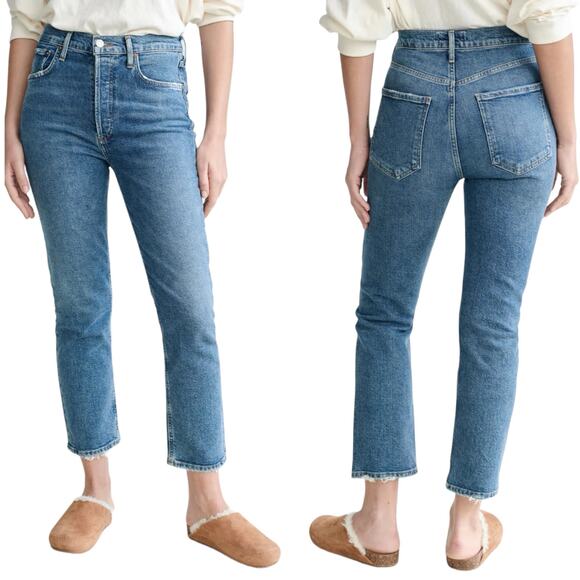 Agolde Riley High Rise Straight Crop Jeans In Silence Button Fly Size 33 - Picture 1 of 11